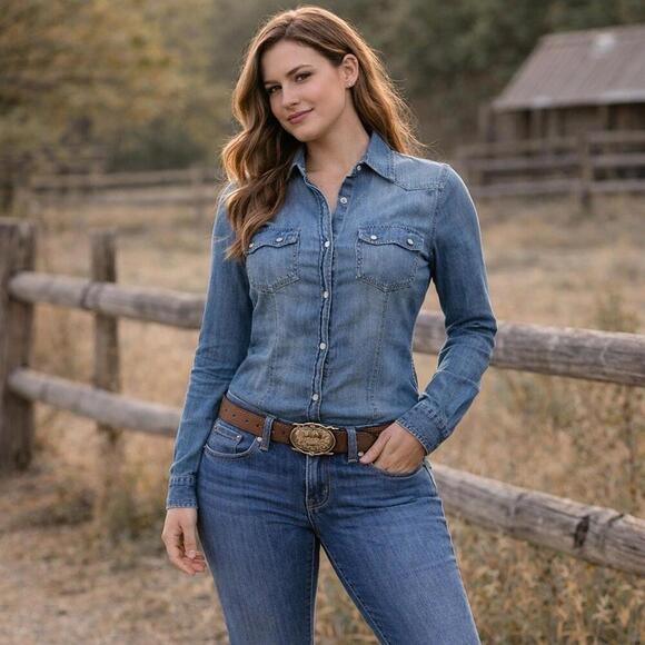 Wet Seal Tops - Wet Seal Chambray Button Down Shirt XS Pearl Snap Western Y2K Denim Cowgirl Top